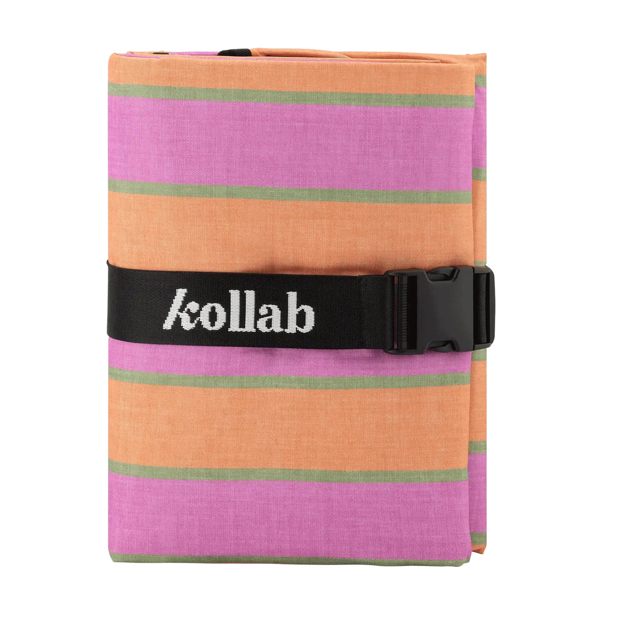 Colorful striped towel with a black strap and 'kollab' branding on a white background