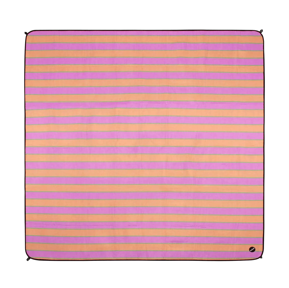 A square textile item, likely a towel or blanket, featuring horizontal stripes in lavender purple and peach-orange, finished with a black stitched border and corner ties.