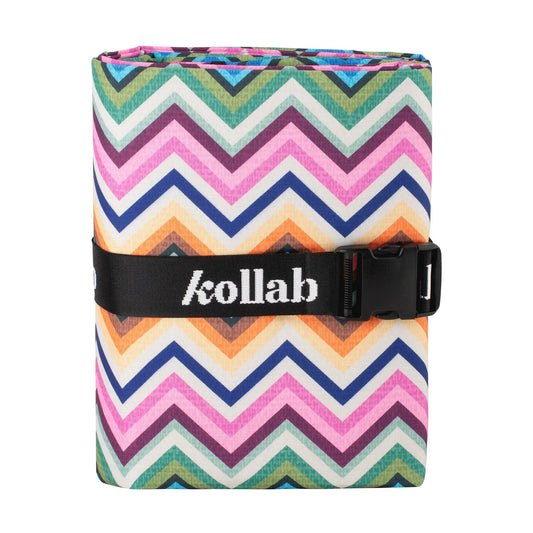 Colorful zigzag patterned product with 'kollab' branding on a white background
