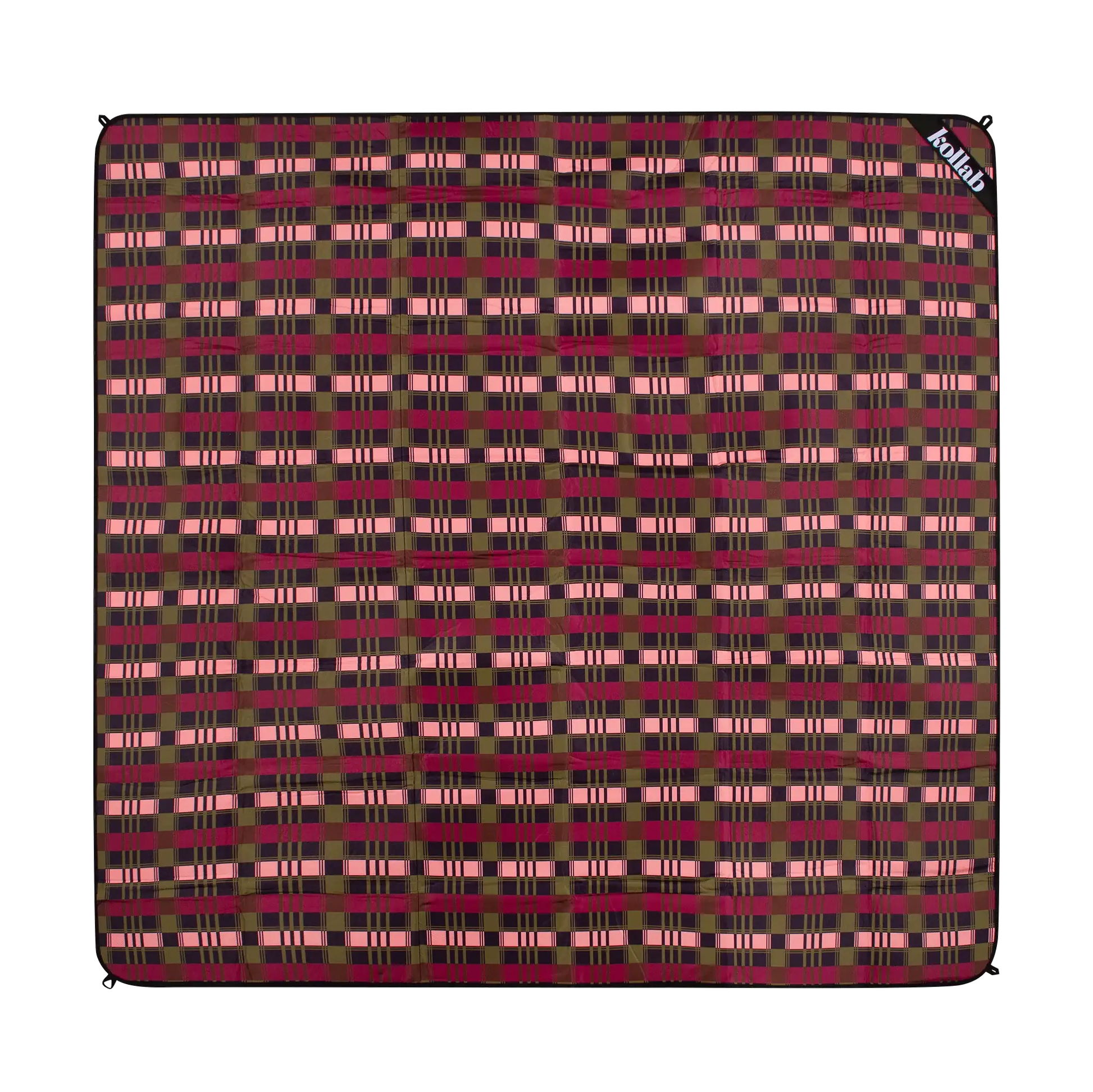 Plaid patterned blanket with visible brand logo on a white background