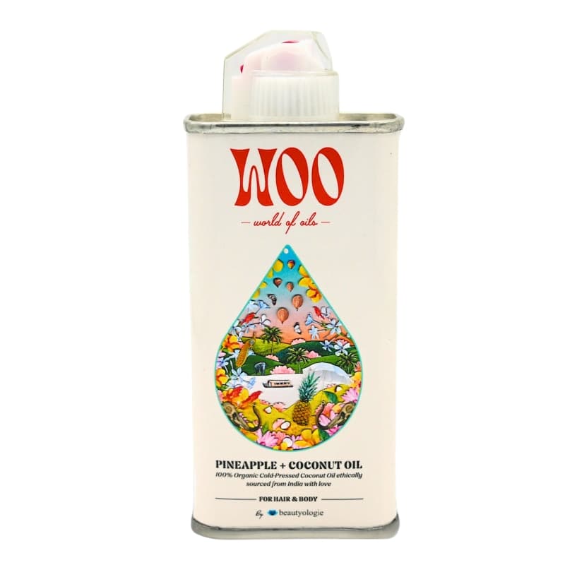 Container of WOO oil, pineapple and coconut oil, bottle on a white background