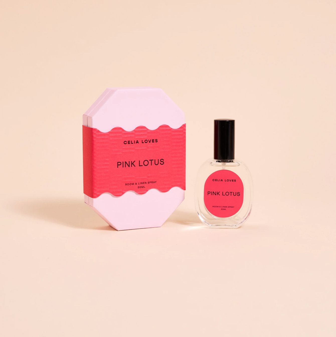 Celia Loves Pink Lotus perfume bottle and packaging on a beige background