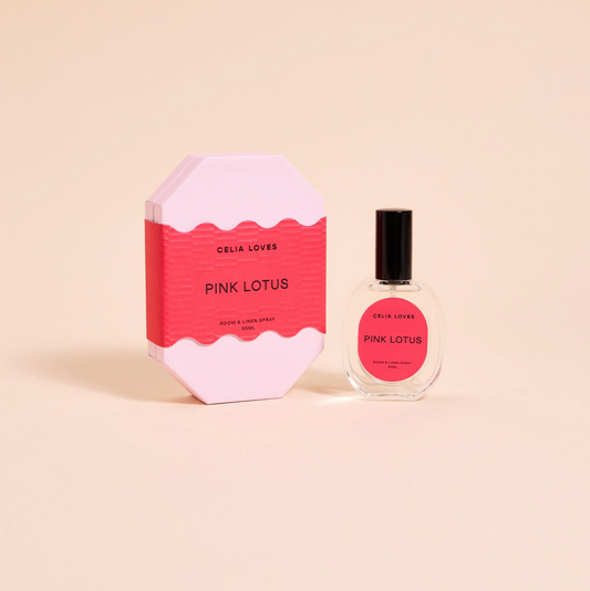 Celia Loves Pink Lotus perfume bottle and packaging on a beige background