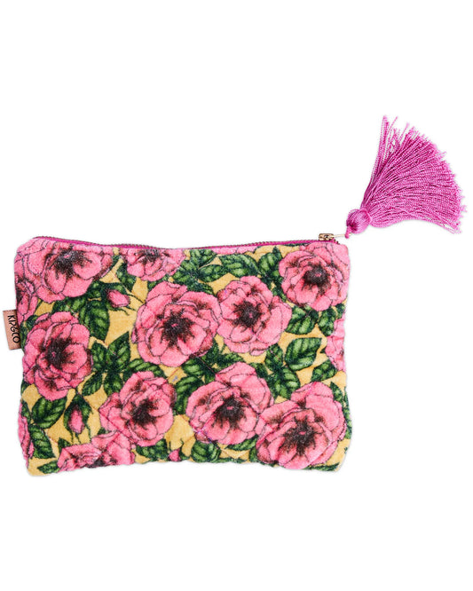 Floral patterned pouch with a pink tassel on a white background