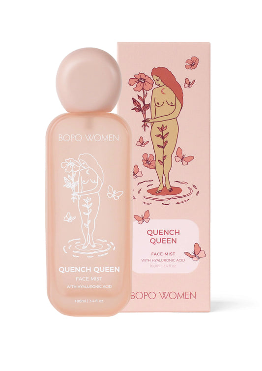 A product image showing a bottle and packaging of Quench Queen Face Mist with illustrations of women and floral elements in pink tones.