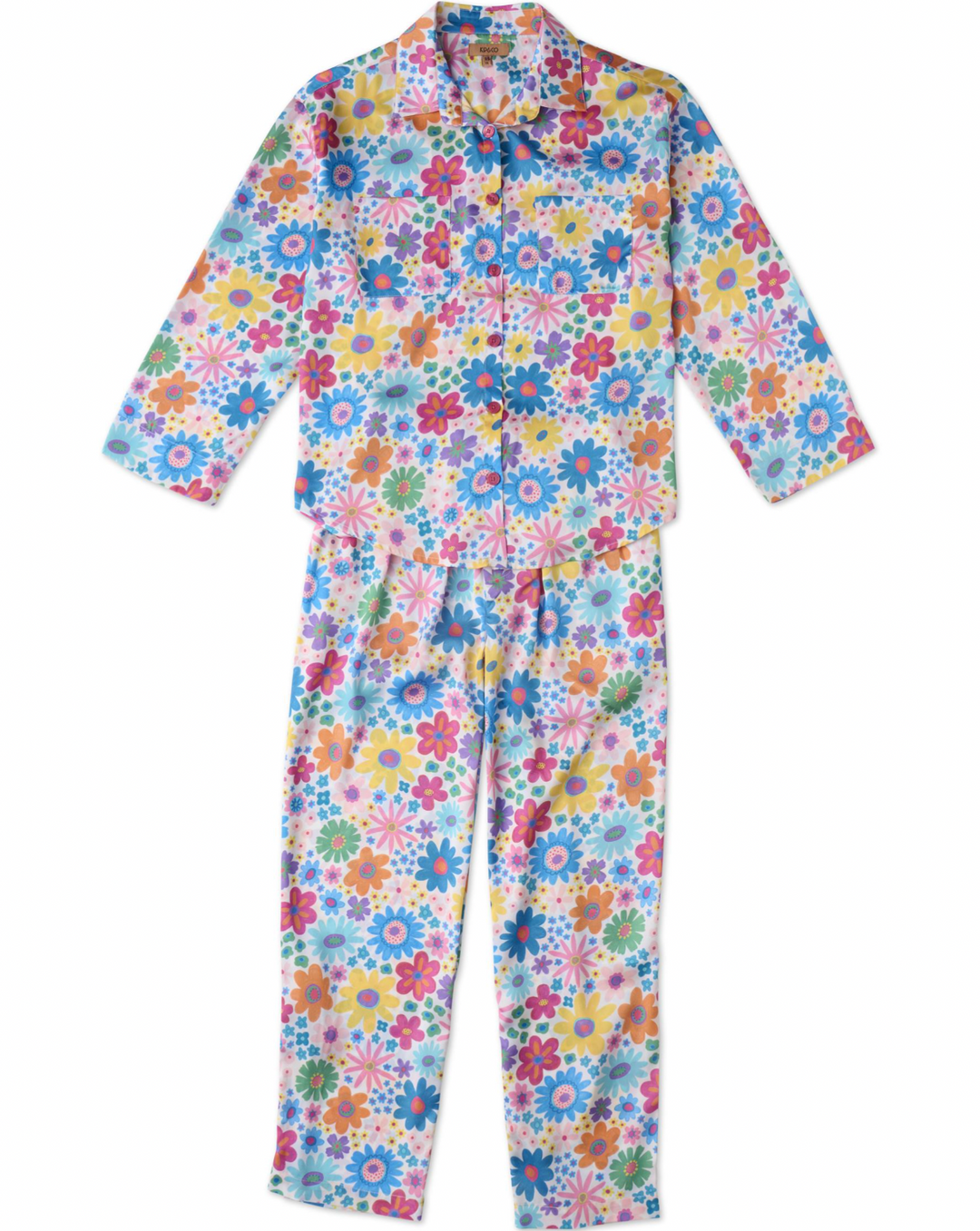 A two-piece pajama set featuring a long-sleeve button-up top and matching pants, both covered in a dense, colorful floral pattern with blue, pink, yellow, green, and orange flowers on a light background.