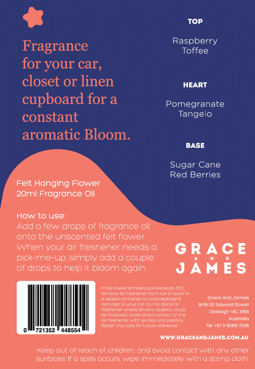 Product packaging for fragrance oil with flavor description and brand name. Top Raspberry and Toffee, Heart Pomegranate and Tangelo, Base Sugar Cane and Red Berries