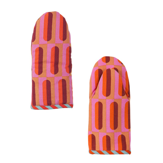 Front and back of colorful oven mitt with abstract orange and pink pattern on a white background.