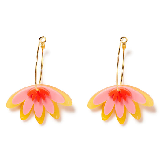 A pair of earrings with a red, orange, and yellow flower design on a white background.