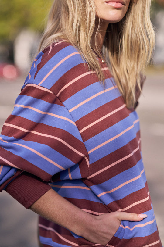 Person wearing a striped shirt with blue and brown horizontal stripes.