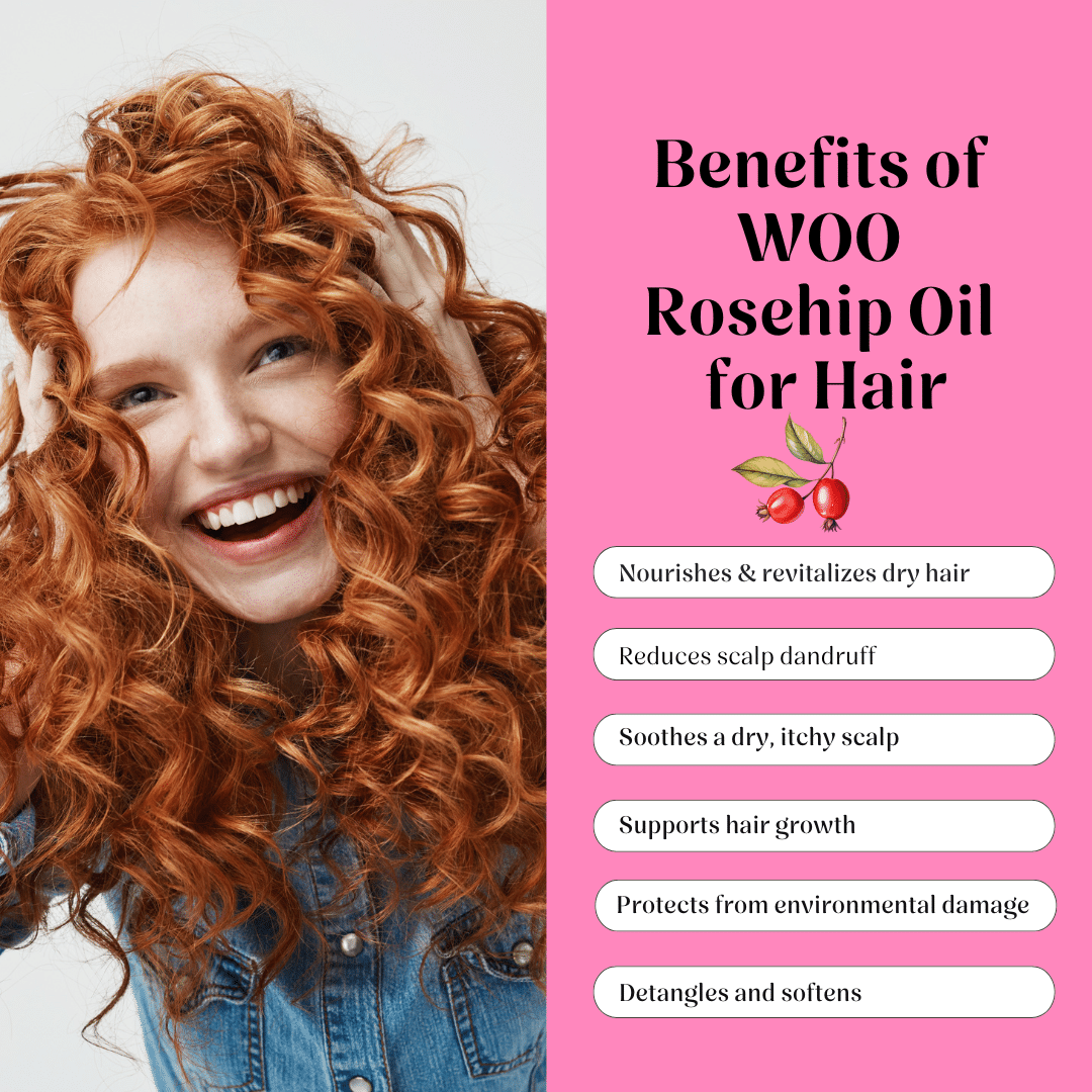 Woman with curly hair next to a list of benefits for WOO Rosehip Oil on a pink background