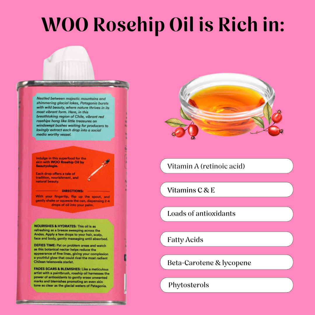 WOO Rosehip Oil packaging with rosehip oil illustration on a pink background