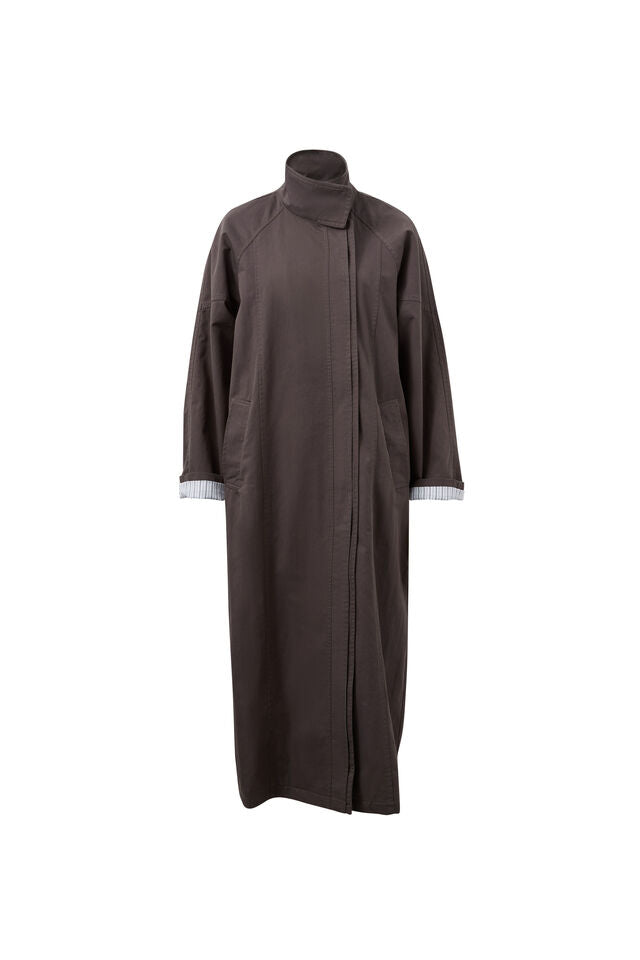 A dark brown long-sleeve coat with a high mock neck collar, shown on a plain white background.