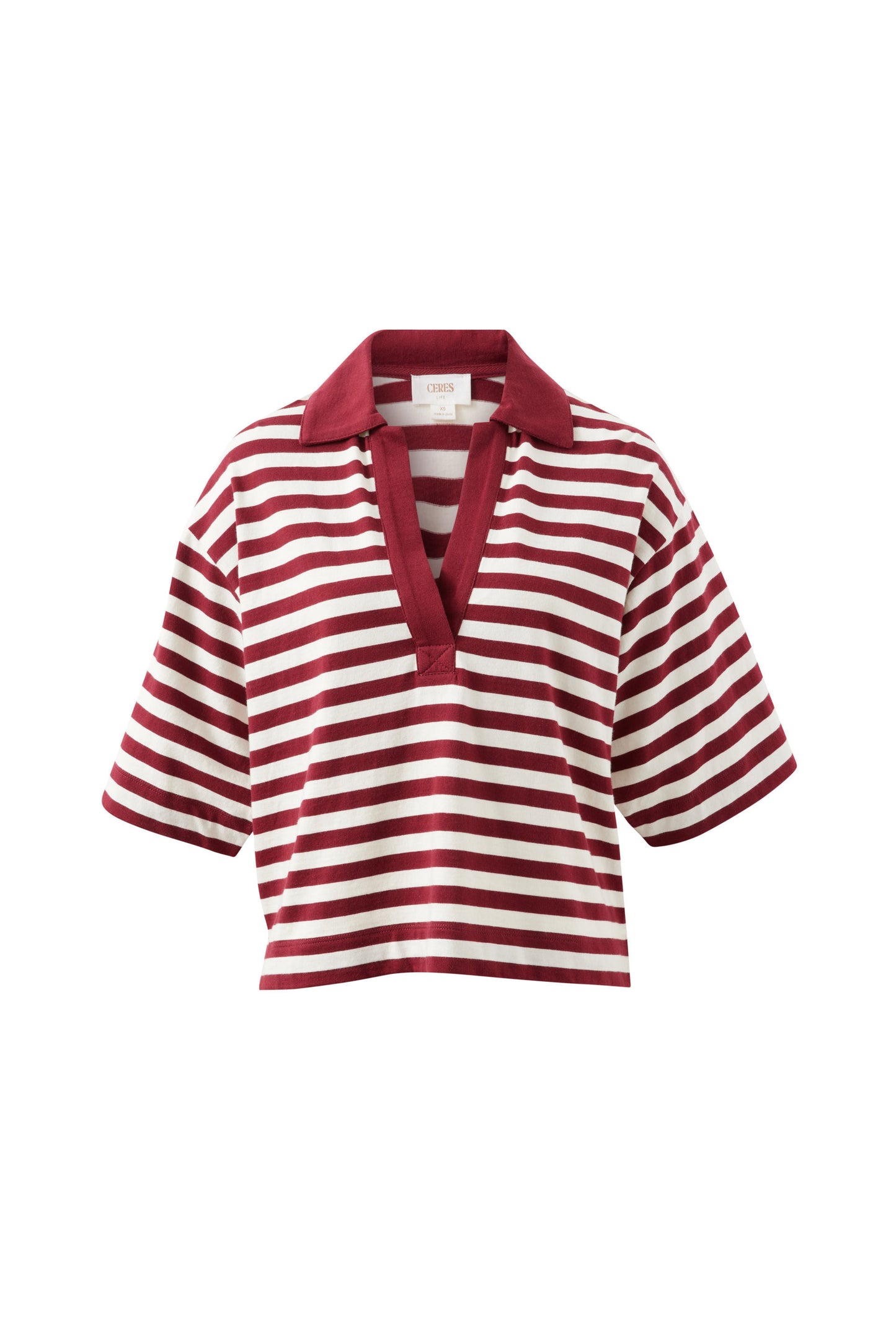 Red and white striped shirt with a collar on a white background