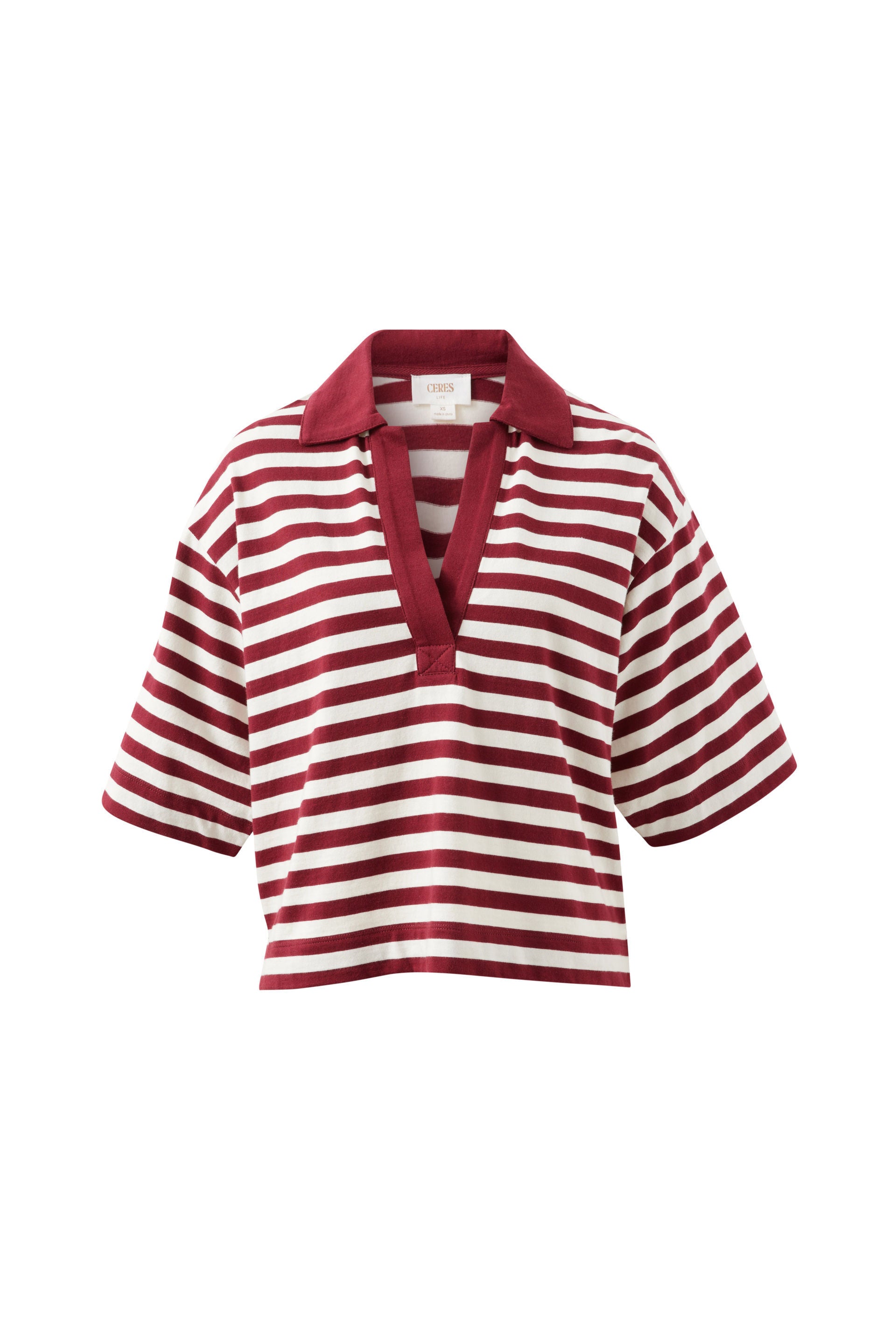Red and white striped shirt with a collar on a white background