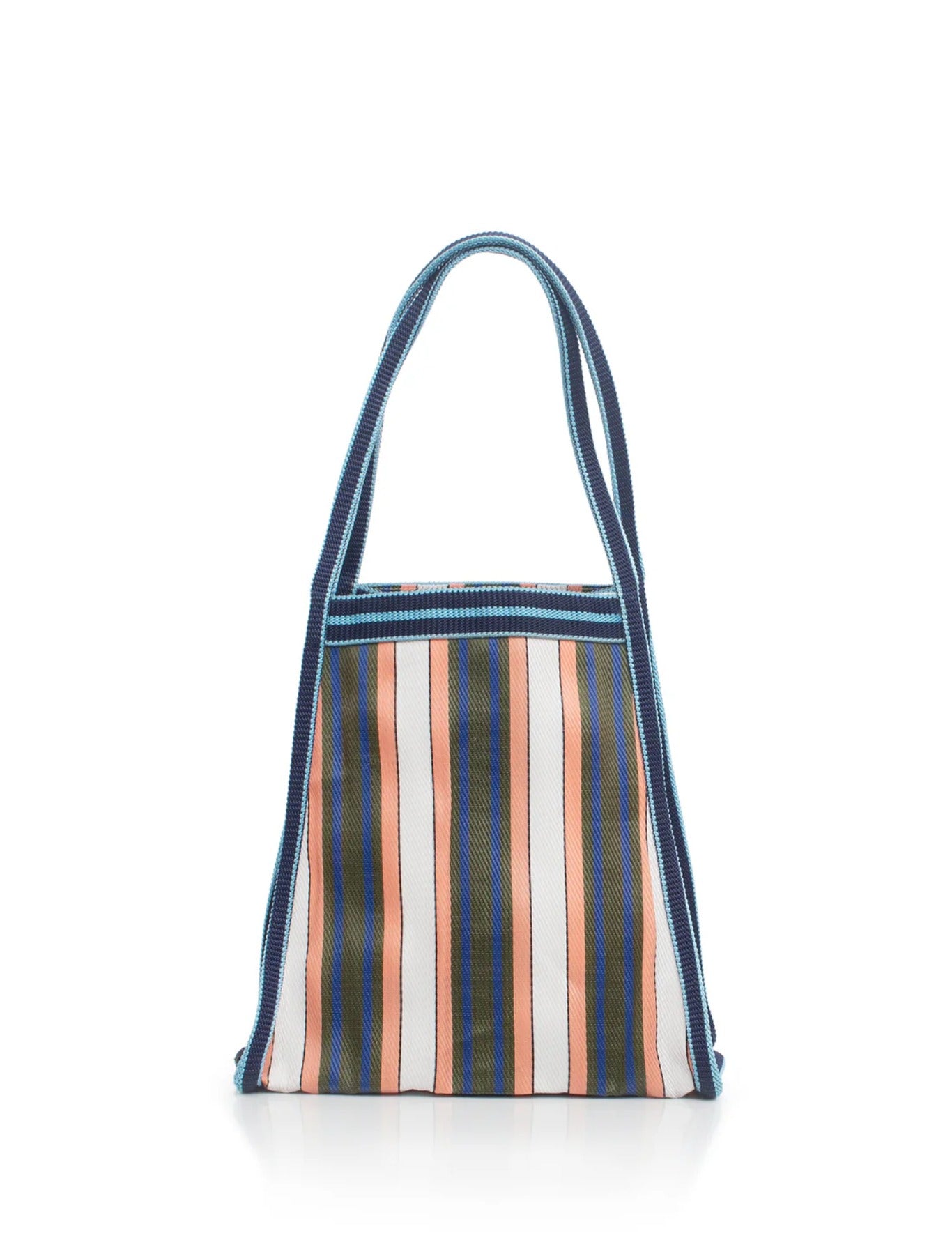 Striped shoulder bag sits with white background. 