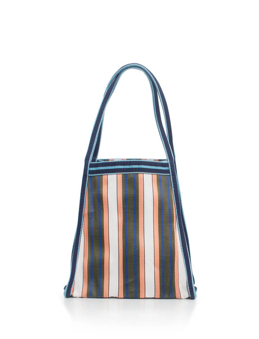 Striped shoulder bag sits with white background. 