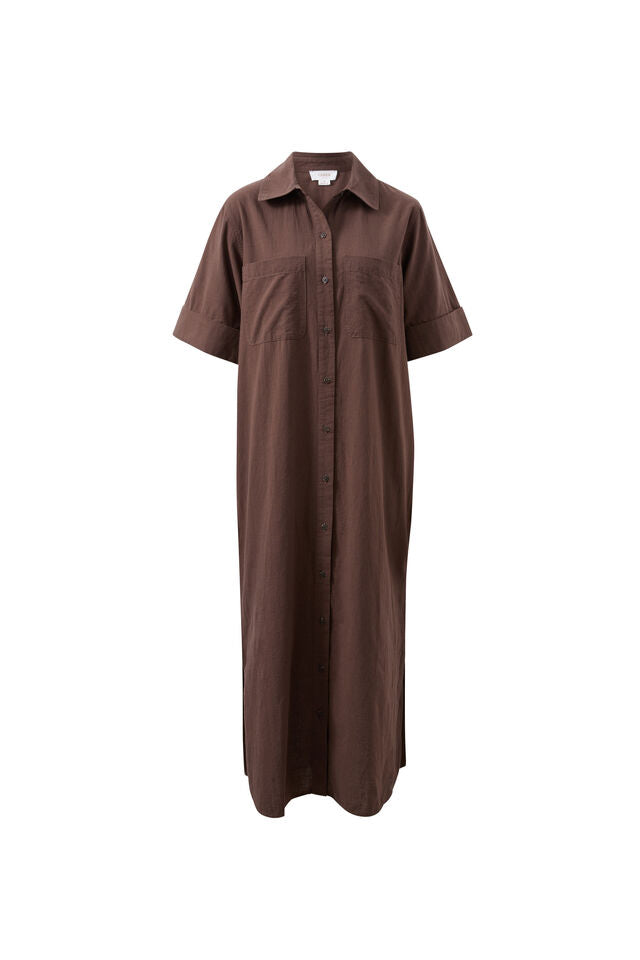 A brown short-sleeve button-up shirt dress with a pointed collar and two chest pockets, shown flat against a solid white background.