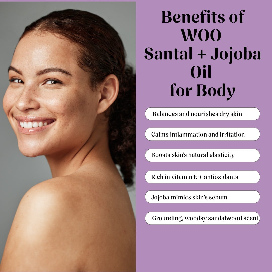 Woman with smooth skin on a gray background with text about WOO Santal + Jojoba Oil benefits.
