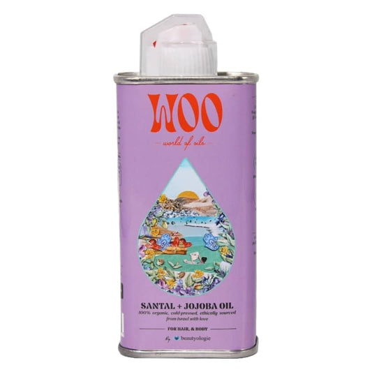 Purple can of WOO Santal + Jojoba Oil with a colorful label on a white background