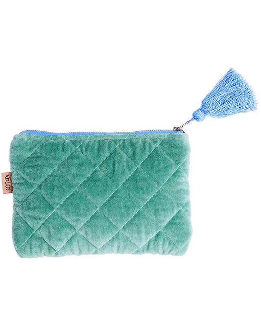 Green quilted pouch with a blue zipper and tassel on a white background