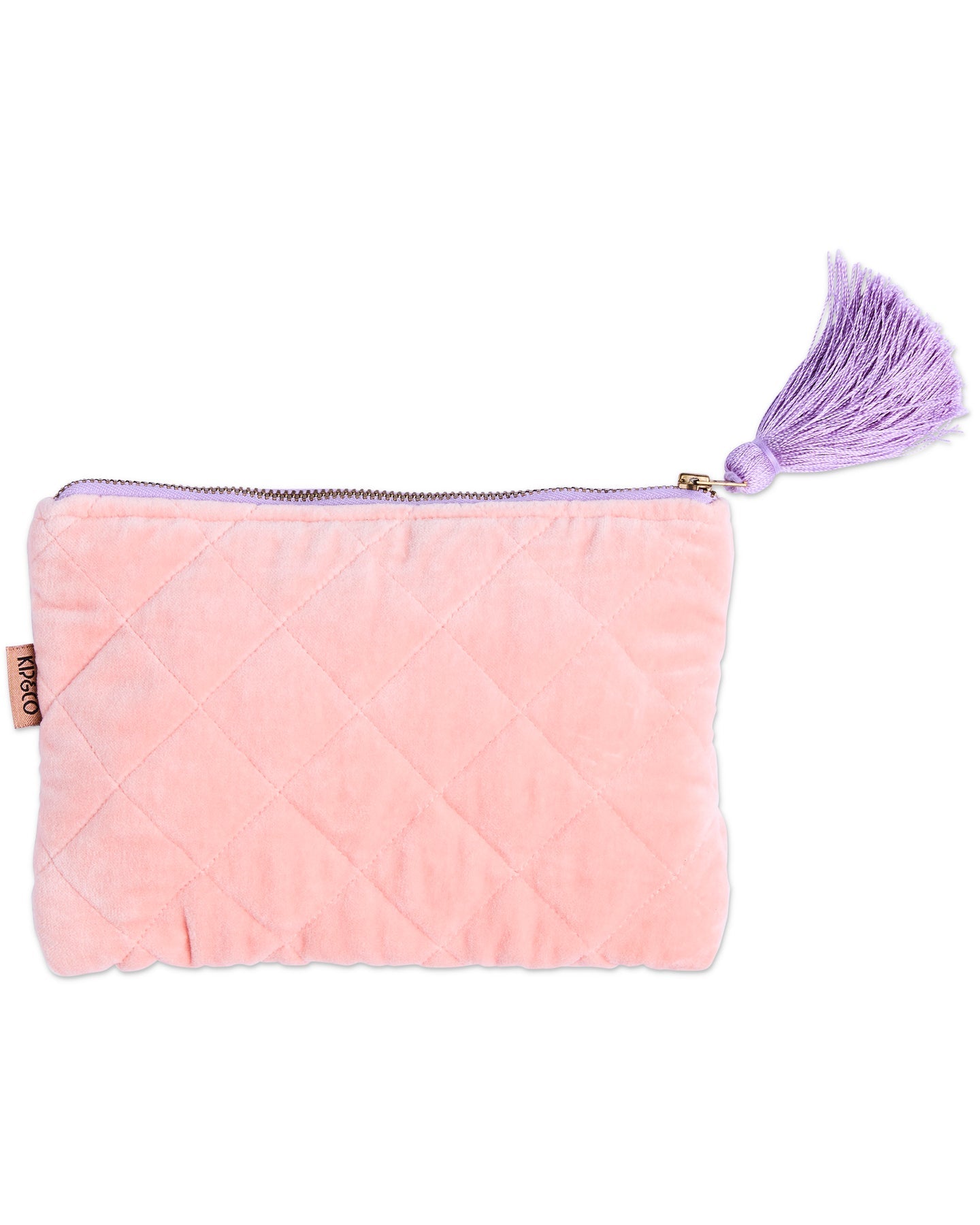 Pink quilted pouch with a purple tassel on a white background