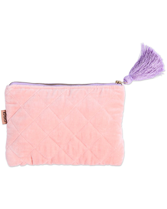 Pink quilted pouch with a purple tassel on a white background