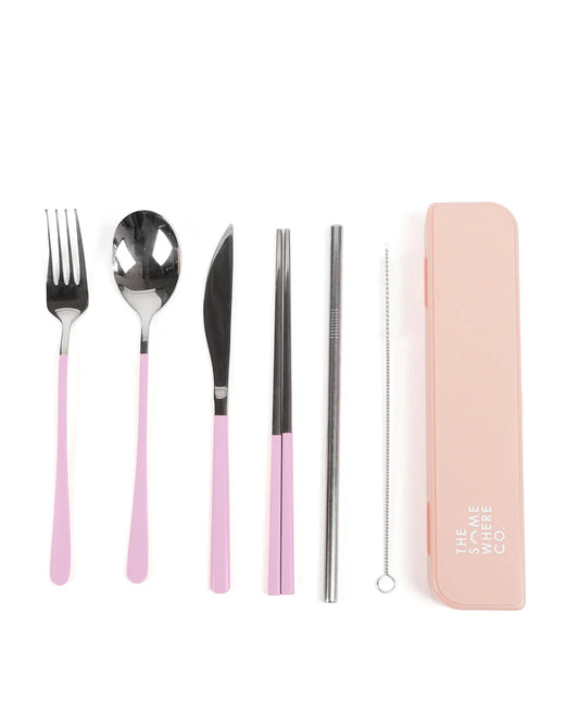 A 7 piece cutlery kit with pink handles, including a knife, spoon, fork, chopsticks, a medium straw, and a straw cleaner, all contained in a pink case.