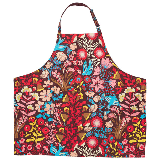 Apron laid out with white background, apron has front pocket and adjustable neck. Fabric has floral and bird pattern, colours featured include burgundy, red, yellow, peach, blue and pink.