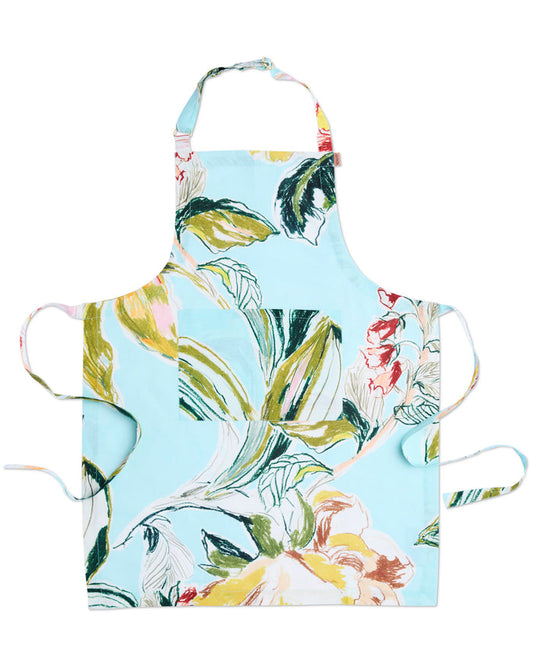 A light blue apron with a colorful floral and leaf print, featuring a front pocket and neck strap, shown against a plain white background.