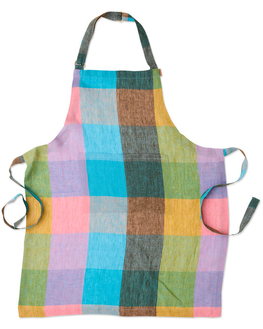 A colorful plaid apron with a multicolor checkered pattern in pink, blue, green, yellow, and brown, featuring a gray neck strap and waist ties, shown against a plain white background.