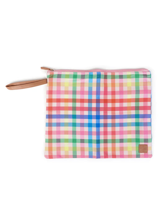 Multicolored checkered pouch with a strap on a white background