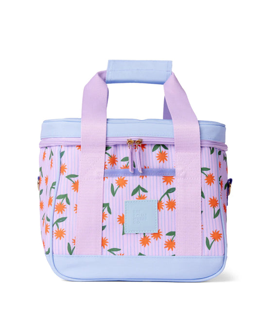 Floral-patterned cooler bag with light purple handles on a white background