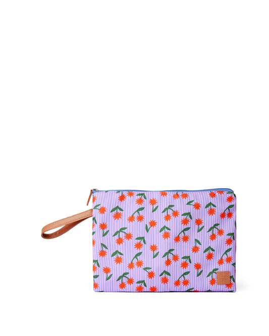 Floral patterned pouch with a strap on a white background