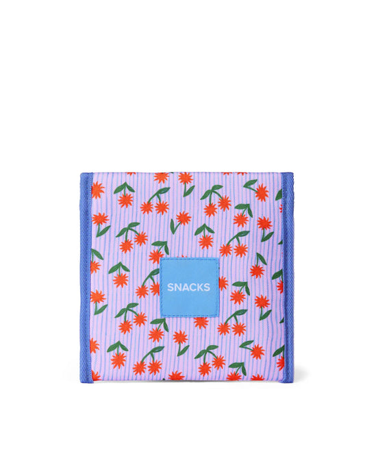 Floral-patterned snack bag with 'SNACKS' label on a white background