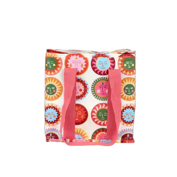 Colorful tote bag with face pattern on a black background