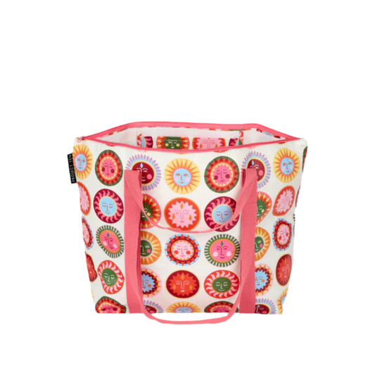 Colorful sun face pattern tote bag with top zip and pink handle on a white background