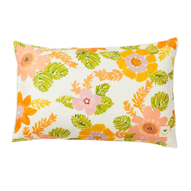A rectangular pillowcase with a floral design in orange, pink, and green colors on a white background.