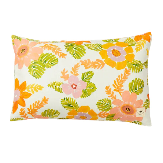 A rectangular pillowcase with a floral design in orange, pink, and green colors on a white background.