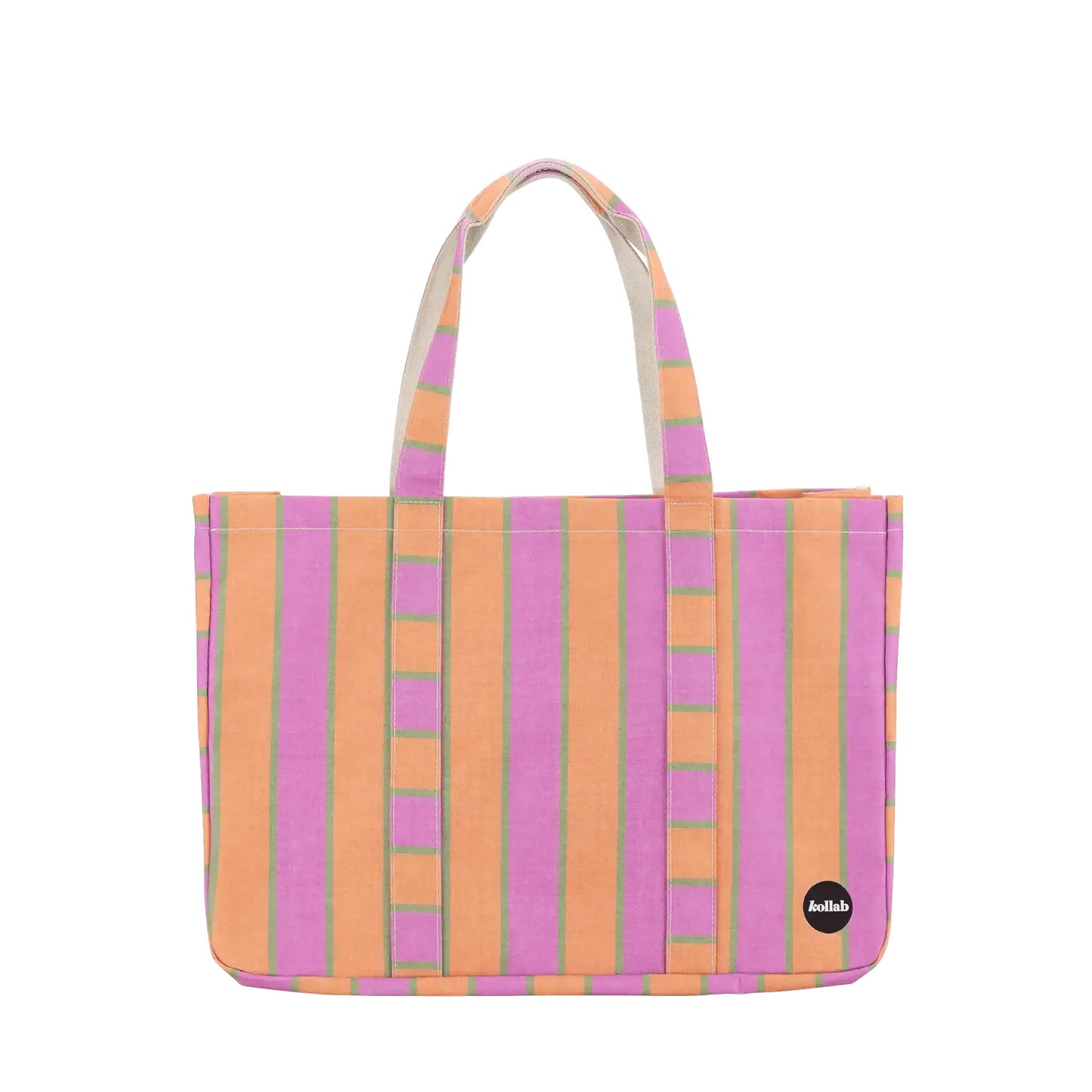 A striped canvas tote bag with vertical bands of pink, orange, and light green, featuring light beige handles and a small black circular 'kollab' logo patch on the bottom right.