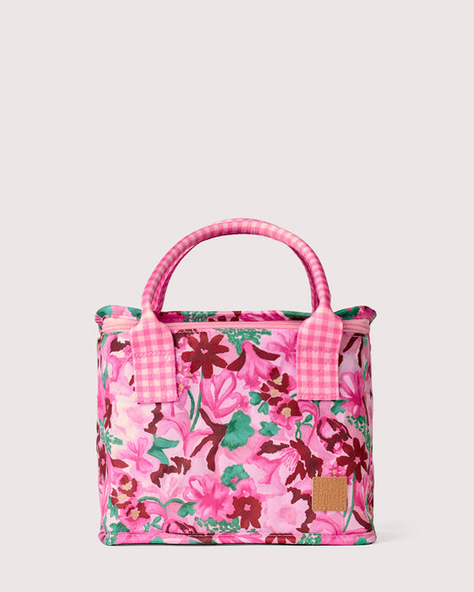 A pink insulated tote bag with a floral print, pink gingham fabric trim, and pink top handles, shown against a light gray background.