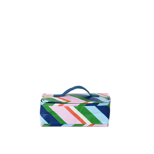 Colorful geometric-patterned box with a blue handle on a white background
