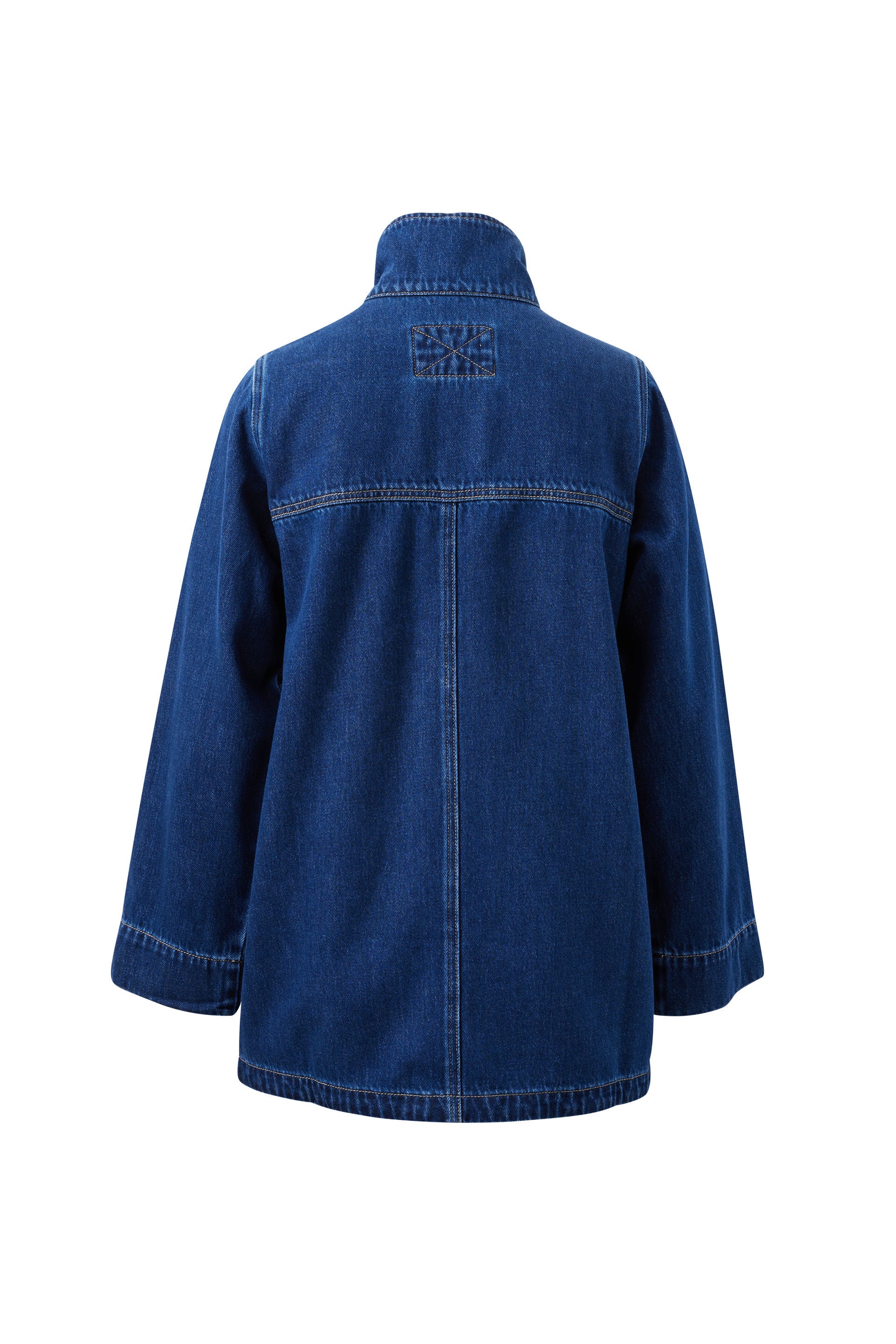 A dark blue denim jacket shown from the back, featuring a high collar, long sleeves, and contrast stitching, photographed against a plain white background.