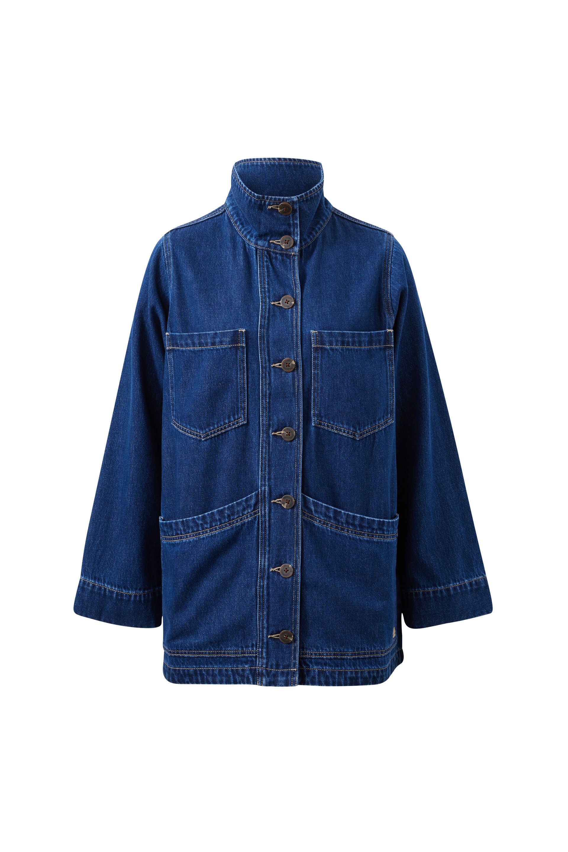 A dark blue denim jacket with a high stand-up collar, button closure, and front pockets, shown against a plain white background.