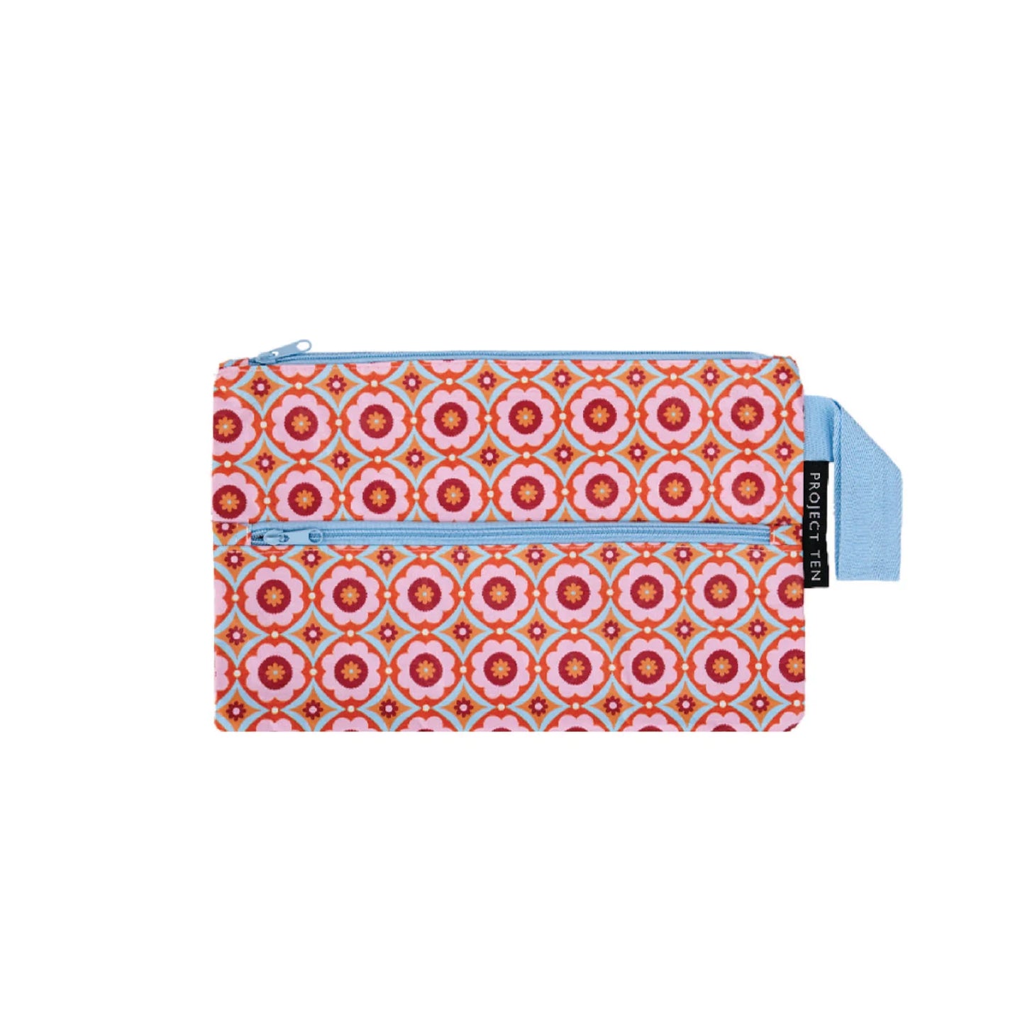 Patterned pencil case with two blue zipper compartments, one smaller at front of bag and top of bag is another zip. on a white background