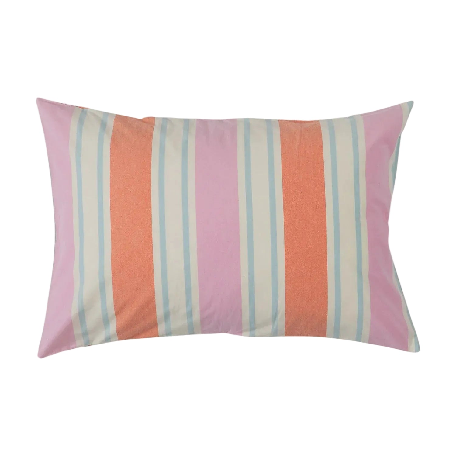 Striped pillow with pink, orange, and blue pattern on a white background