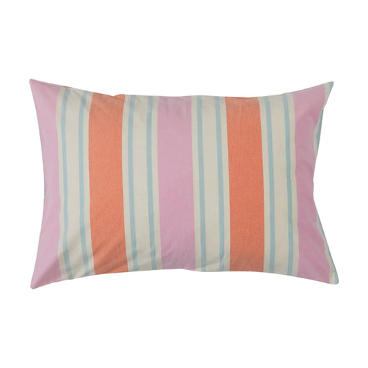 Striped pillow with pink, orange, and blue pattern on a white background