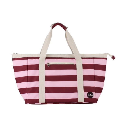 Tote bag with pink and burgundy stripe sits on white background.