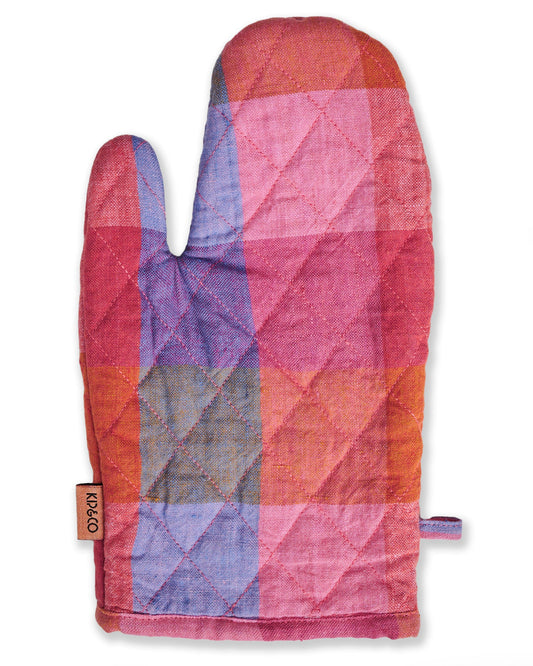 A quilted cotton oven mitt with a pink, purple, blue, and orange check tartan pattern.