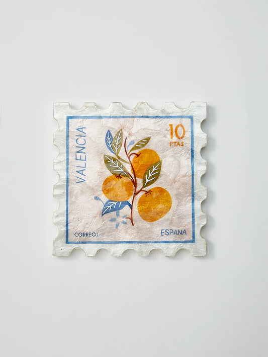 Stylized postage stamp with oranges and wavy border on a light gray background